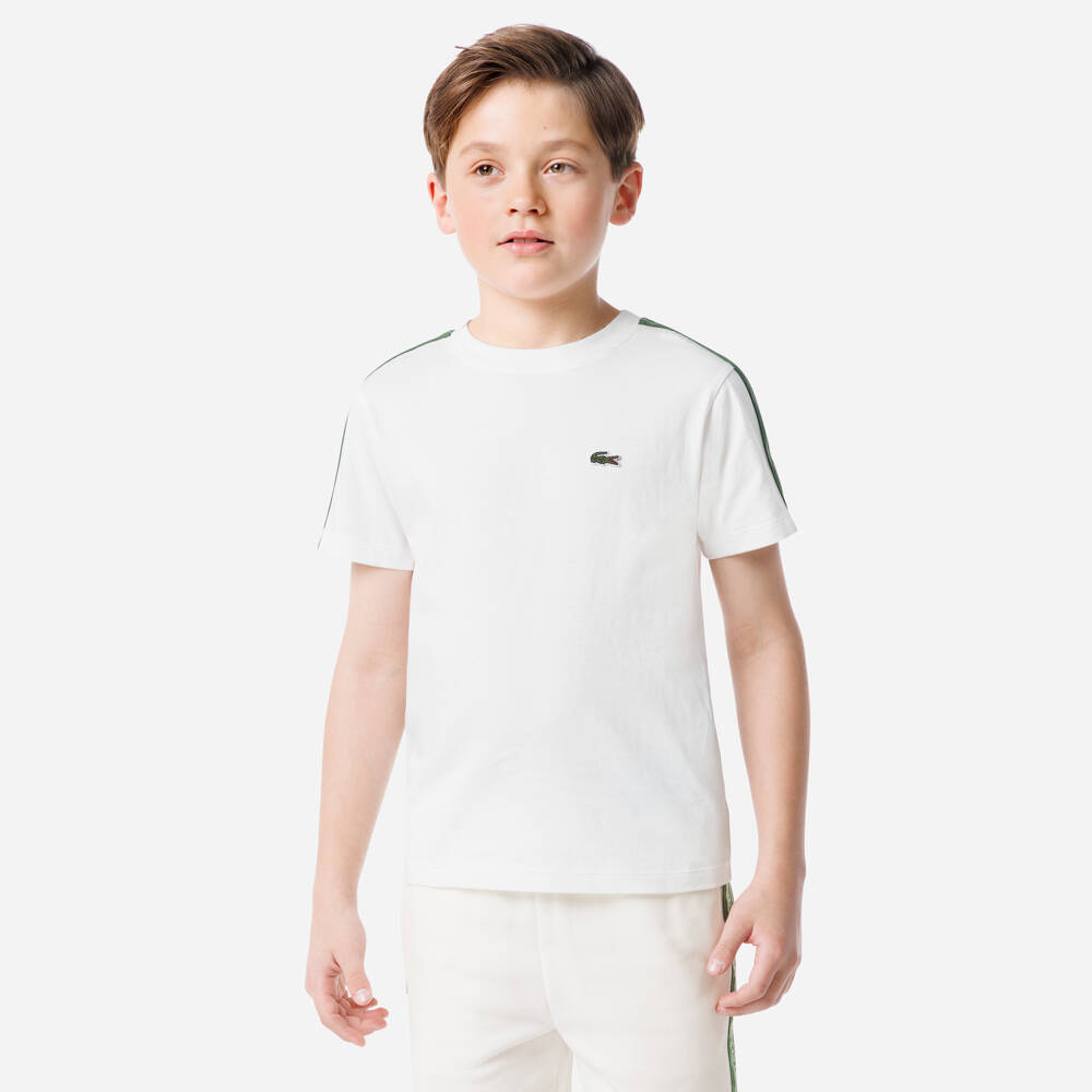 Lacoste-Boys Ivory Organic Cotton T-Shirt with Logo Tape | Childrensalon