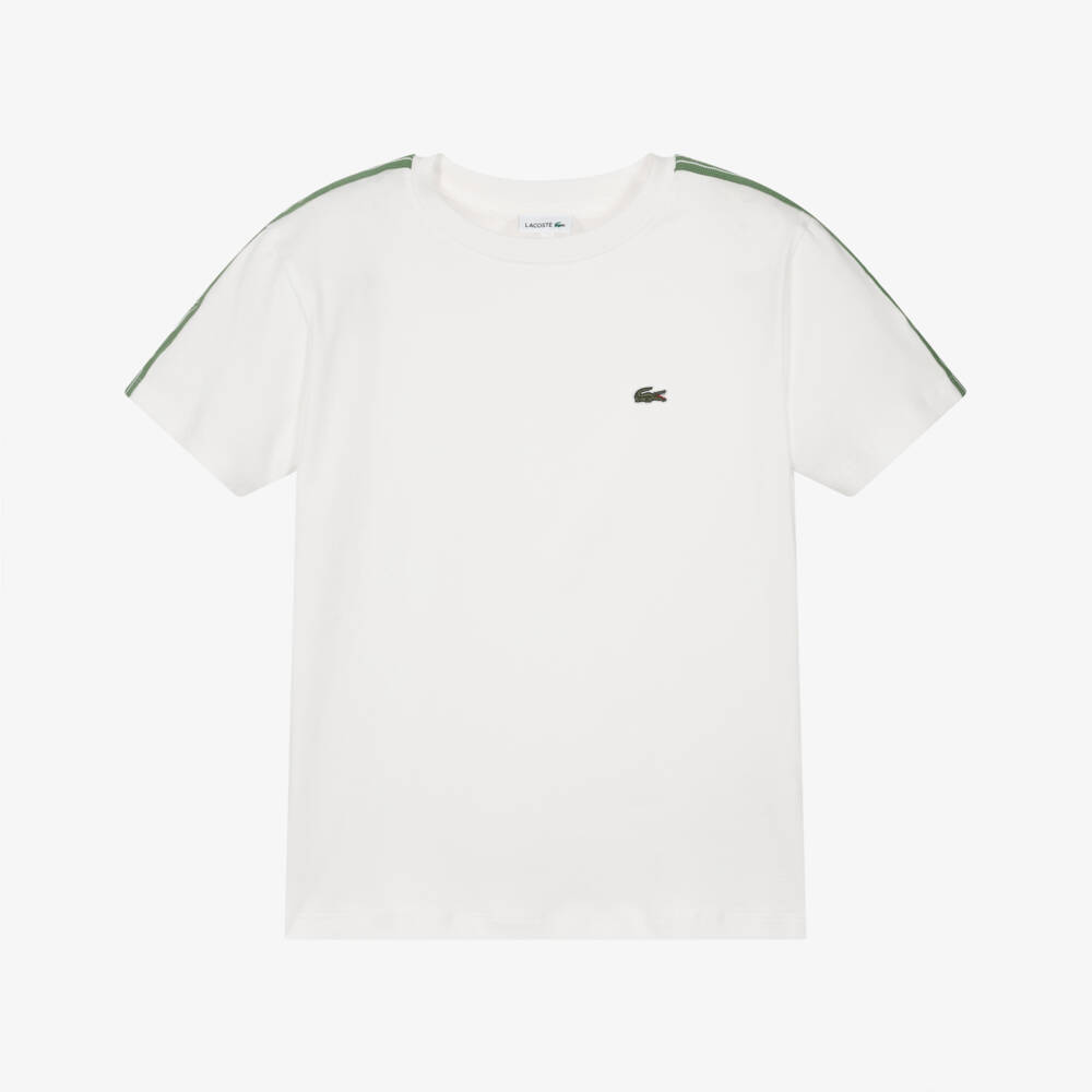 Lacoste-Boys Ivory Organic Cotton T-Shirt with Logo Tape | Childrensalon