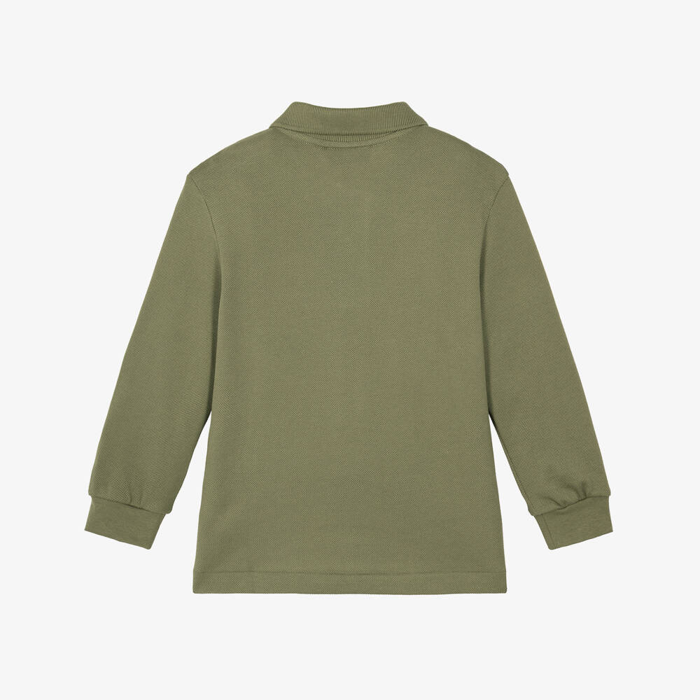 Lacoste-Boys Khaki Green Long Sleeve Piqué Polo Shirt | Childrensalon