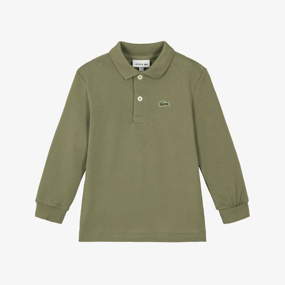 Lacoste-Boys Khaki Green Long Sleeve Piqué Polo Shirt | Childrensalon