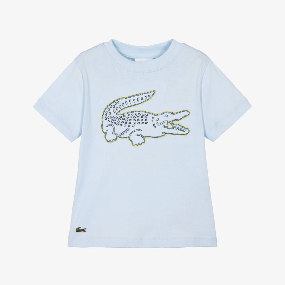 Lacoste-Boys Pale Blue Cotton T-shirt with Embroidered Crocodile | Childrensalon