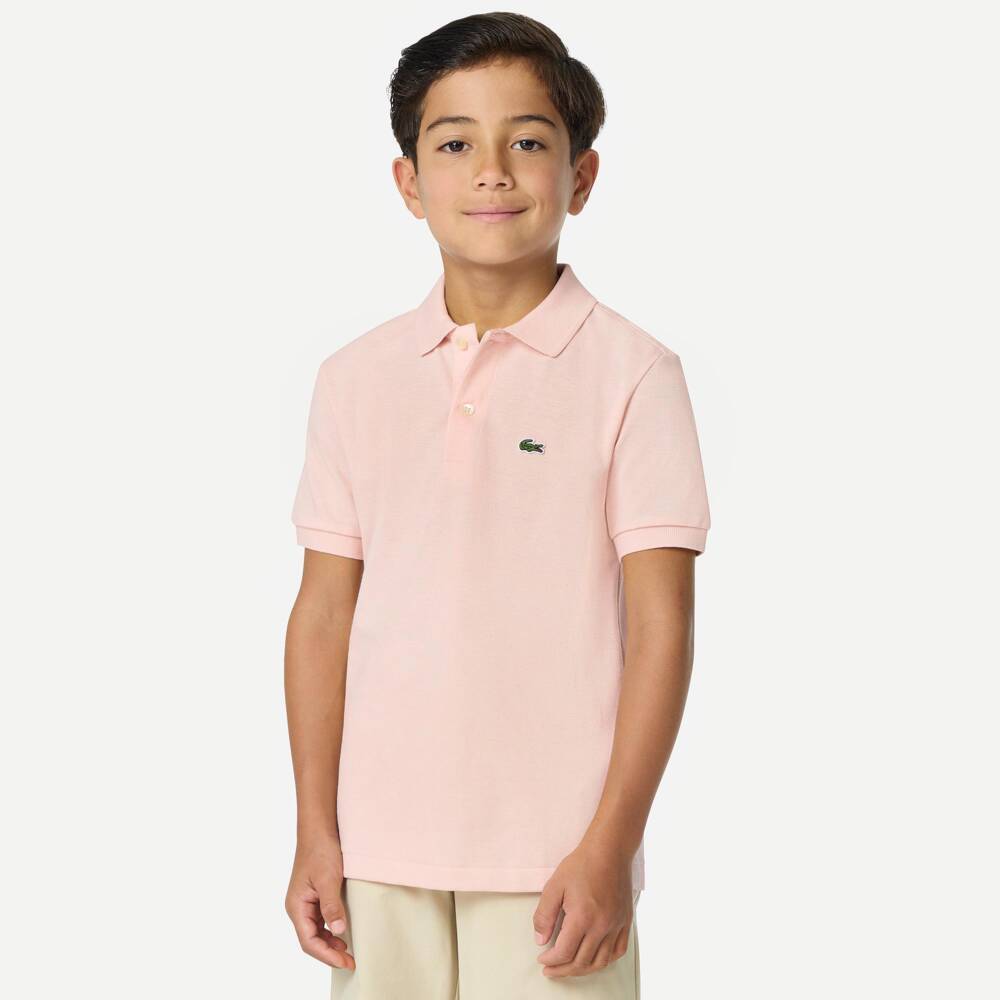 Lacoste-Boys Pink Cotton Piqué Polo Shirt with Crocodile Logo | Childrensalon