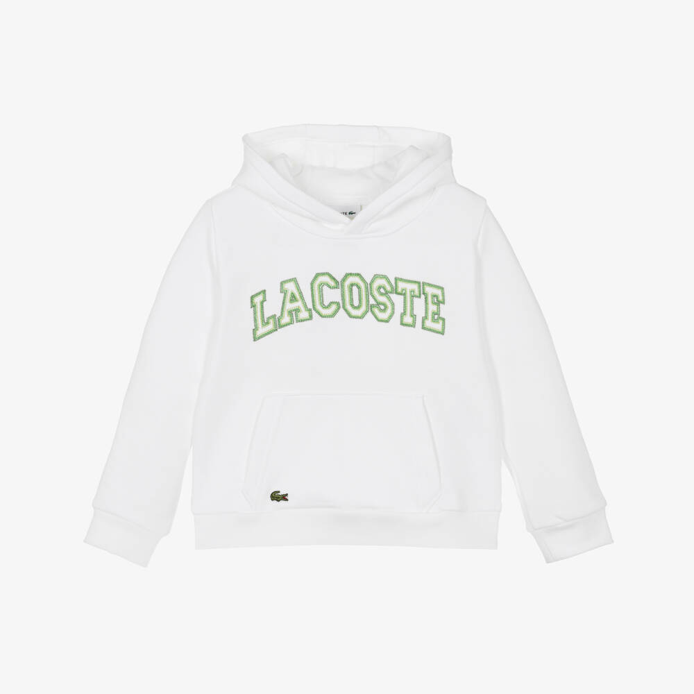 Lacoste-Boys White Cotton Hoodie with Green Embroidered Logo | Childrensalon