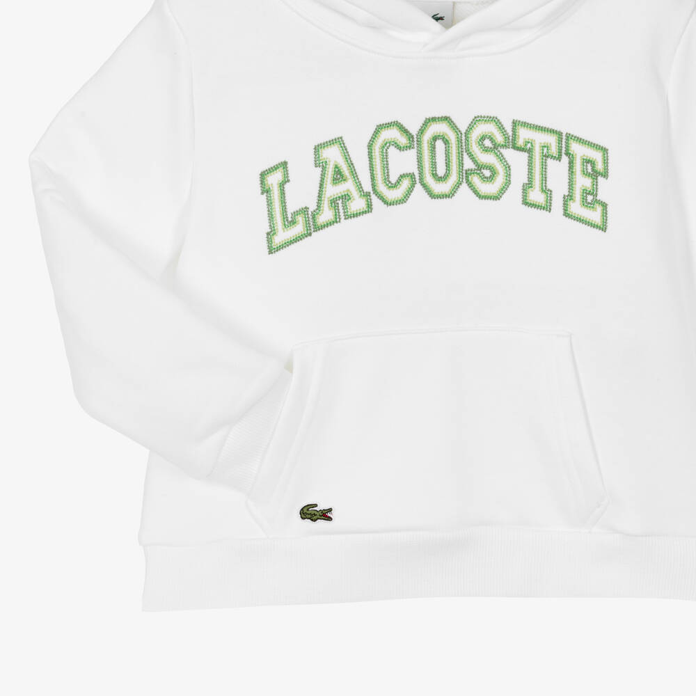 Lacoste-Boys White Cotton Hoodie with Green Embroidered Logo | Childrensalon