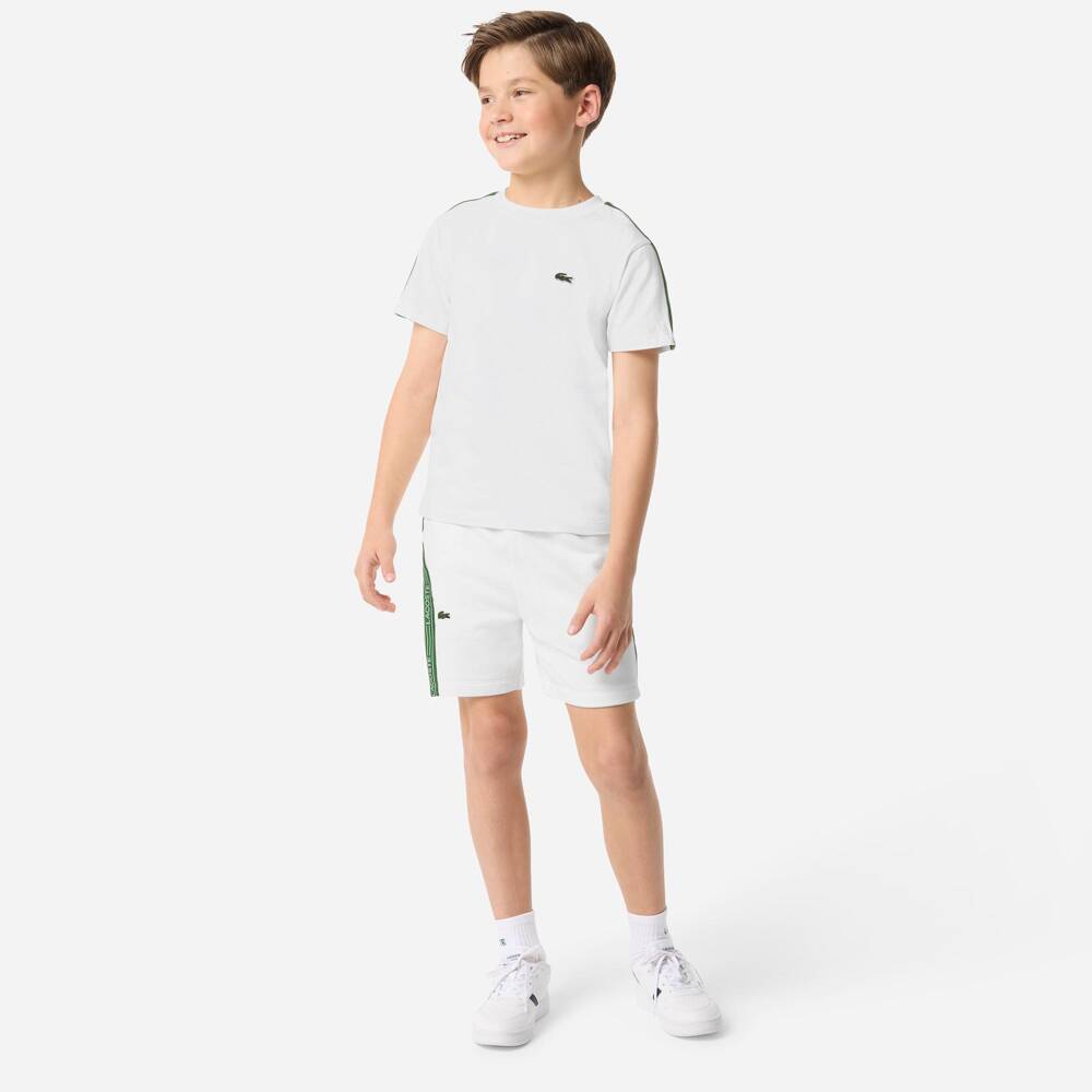 Lacoste-Boys White Cotton Jersey Shorts with Logo Tape | Childrensalon