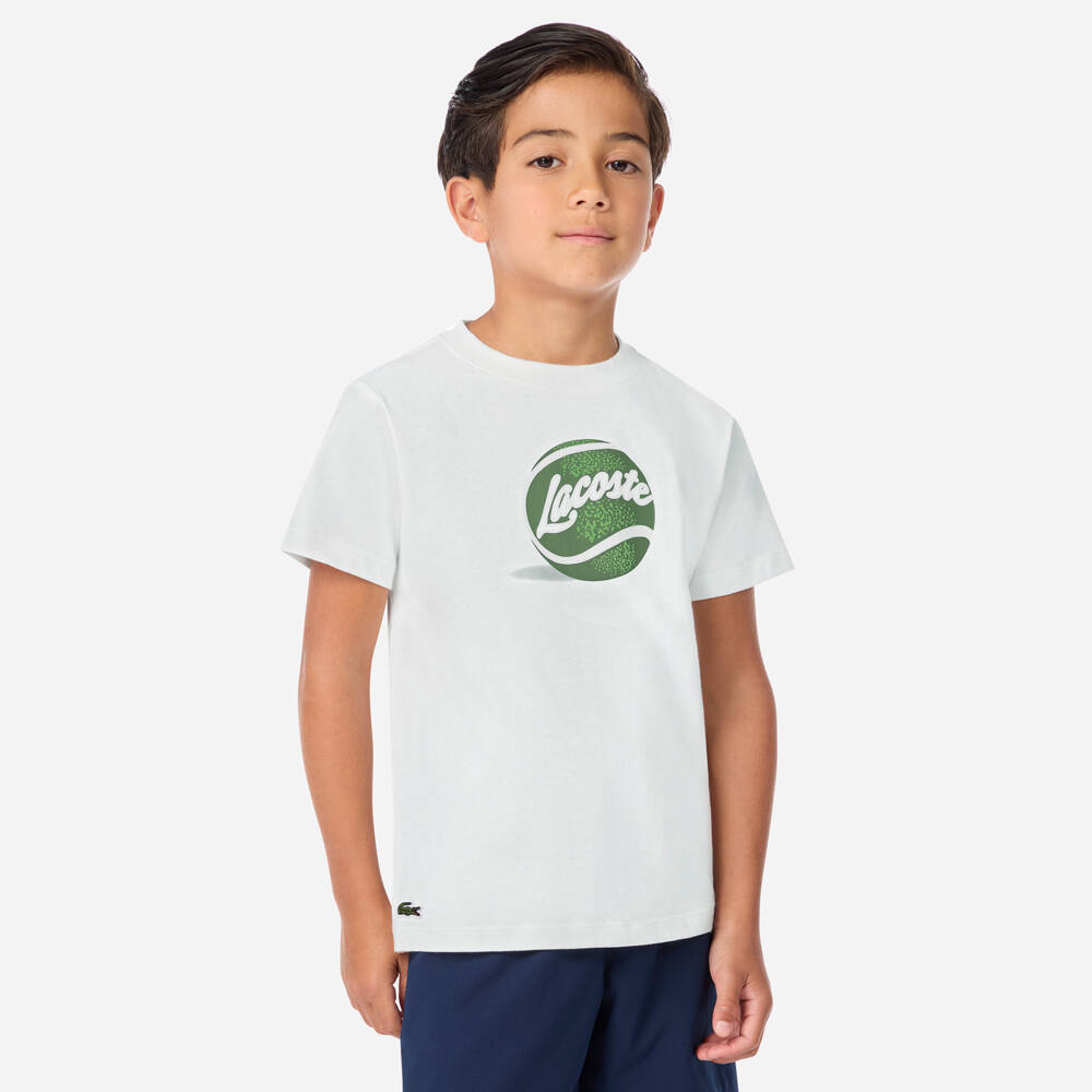 Lacoste-تيشيرت قطن بشعار كرة التنس لون أبيض للأولاد | Childrensalon