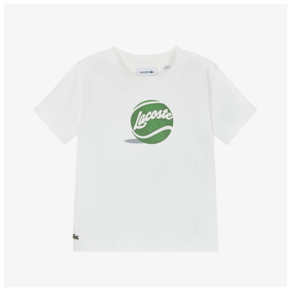Lacoste-Boys White Cotton T-Shirt with Tennis Ball Logo | Childrensalon
