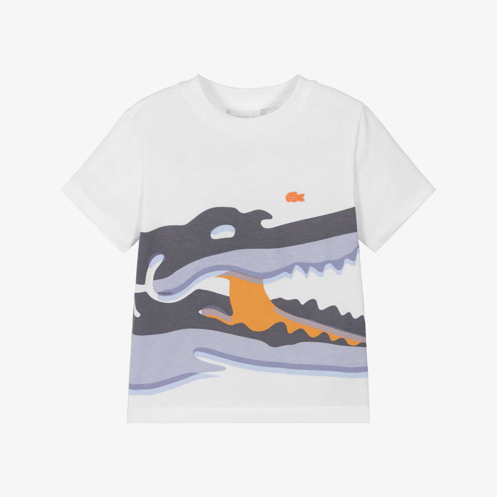 Lacoste-Boys White Large Crocodile Print Cotton T-Shirt | Childrensalon