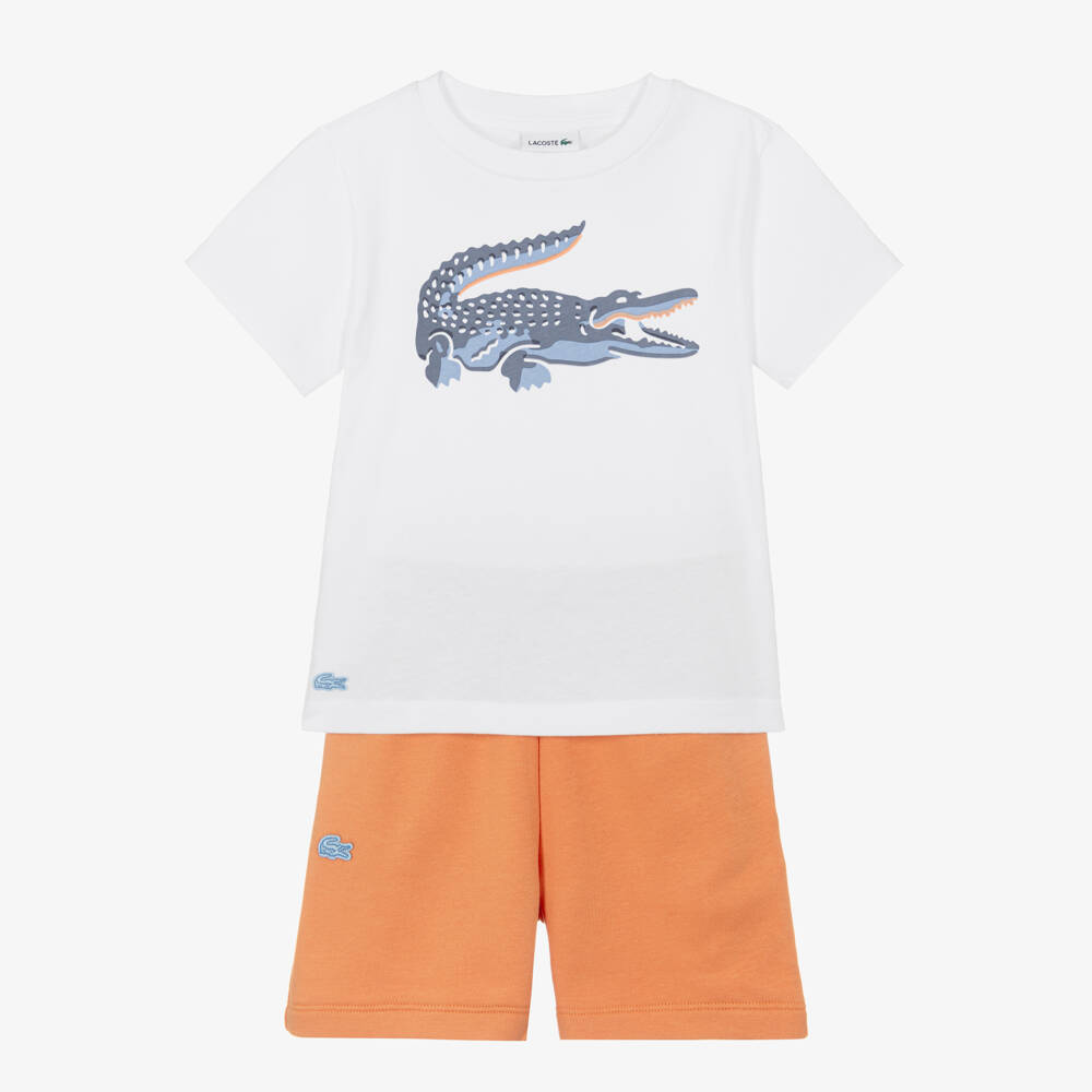 Lacoste-Boys White & Orange Jersey Crocodile Logo Shorts Set | Childrensalon