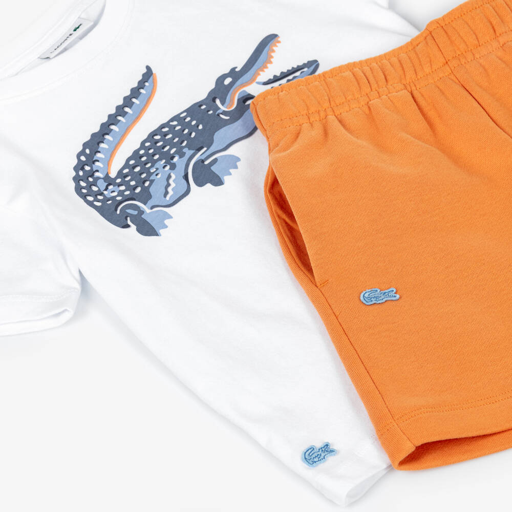 Lacoste-Boys White & Orange Jersey Crocodile Logo Shorts Set | Childrensalon