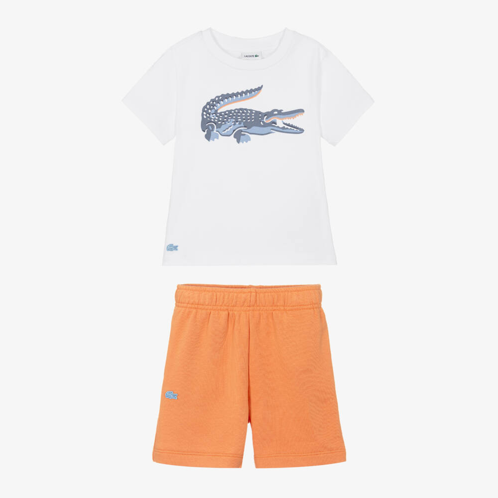 Lacoste-Boys White & Orange Jersey Crocodile Logo Shorts Set | Childrensalon
