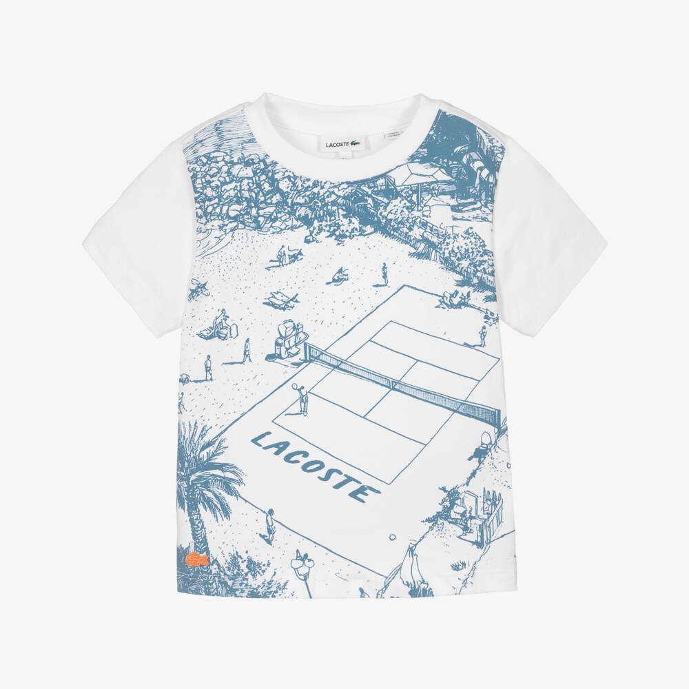 Lacoste-Boys White Organic Cotton Tennis Court & Logo Print T-Shirt | Childrensalon