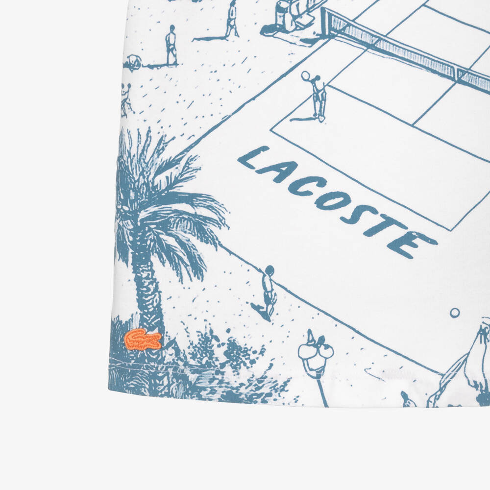Lacoste-Boys White Organic Cotton Tennis Court & Logo Print T-Shirt | Childrensalon