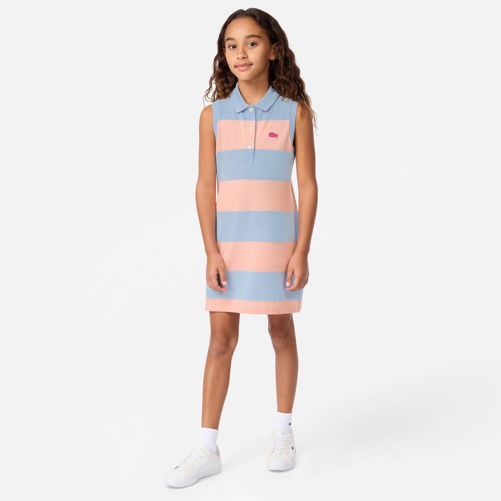 Lacoste-Girls Cotton Piqué Polo Dress with Pink and Blue Stripes | Childrensalon