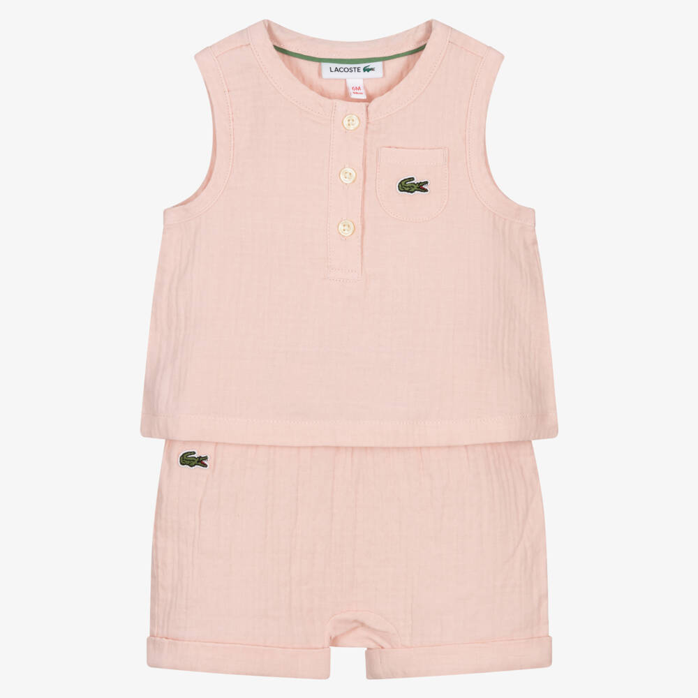 Lacoste-Girls Pale  Pink Cotton Shorts Set with Crocodile Logos | Childrensalon