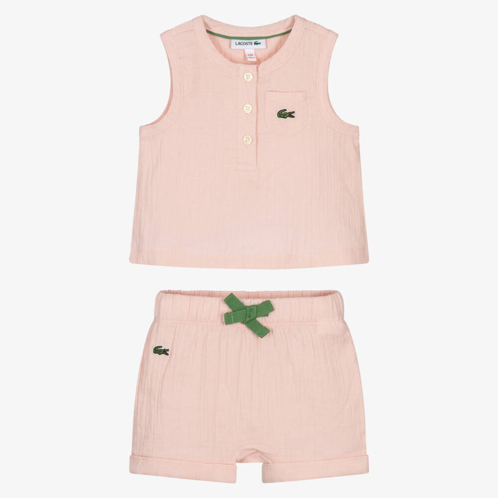 Lacoste-Girls Pale Pink Cotton Shorts Set with Crocodile Logos | Childrensalon