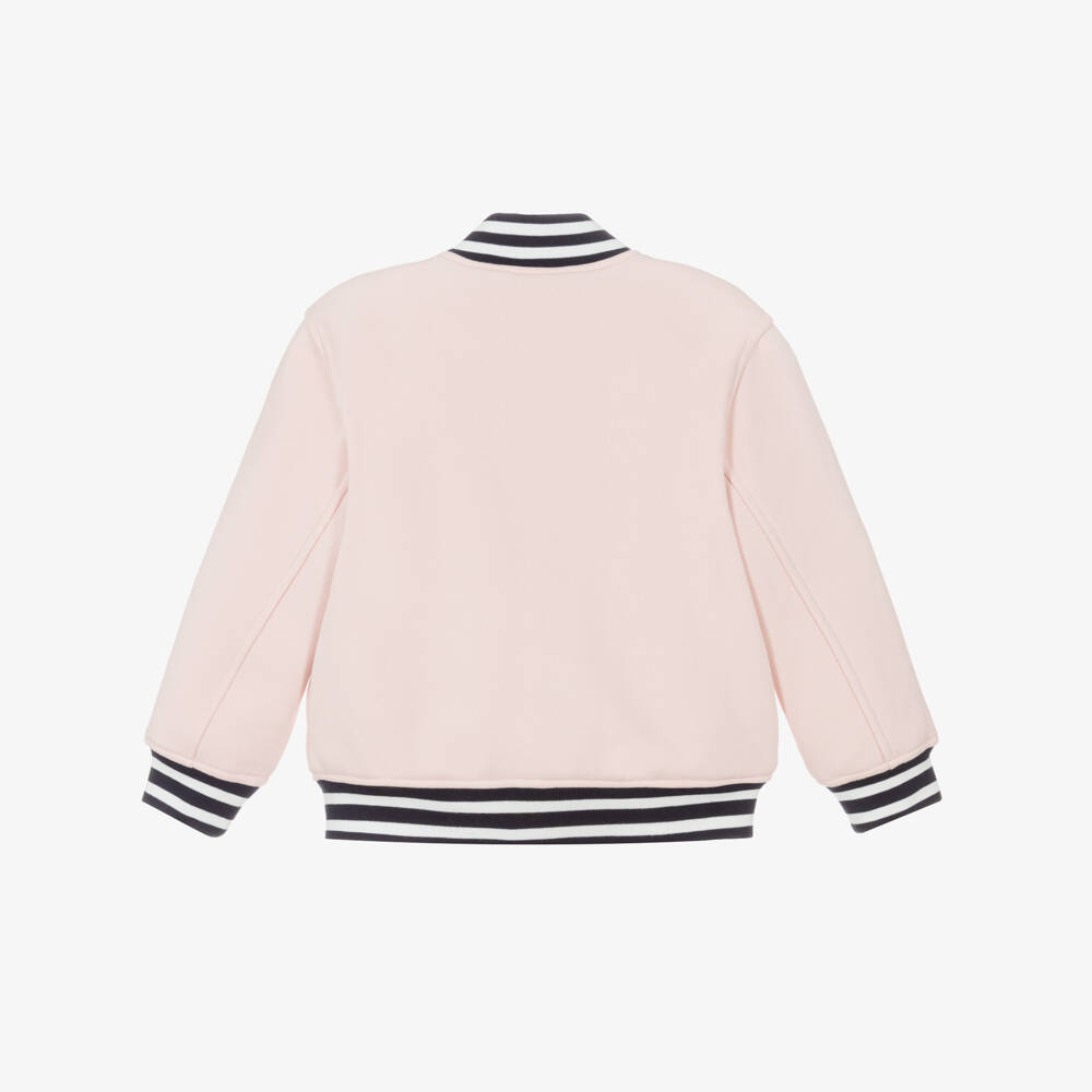 Lacoste-Girls Pink Bomber Jacket with Blue Striped Trims | Childrensalon