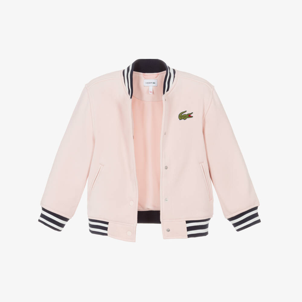 Lacoste-Girls Pink Bomber Jacket with Blue Striped Trims | Childrensalon