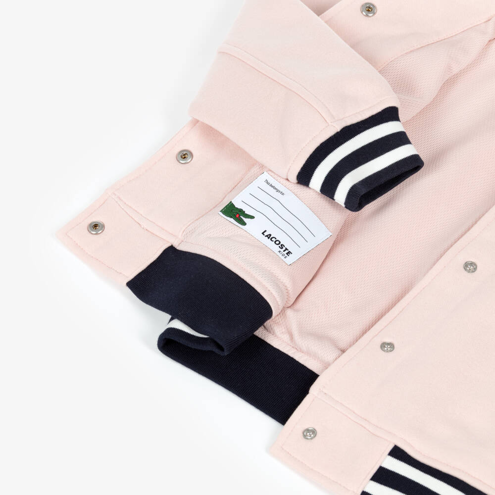 Lacoste-Girls Pink Bomber Jacket with Blue Striped Trims | Childrensalon