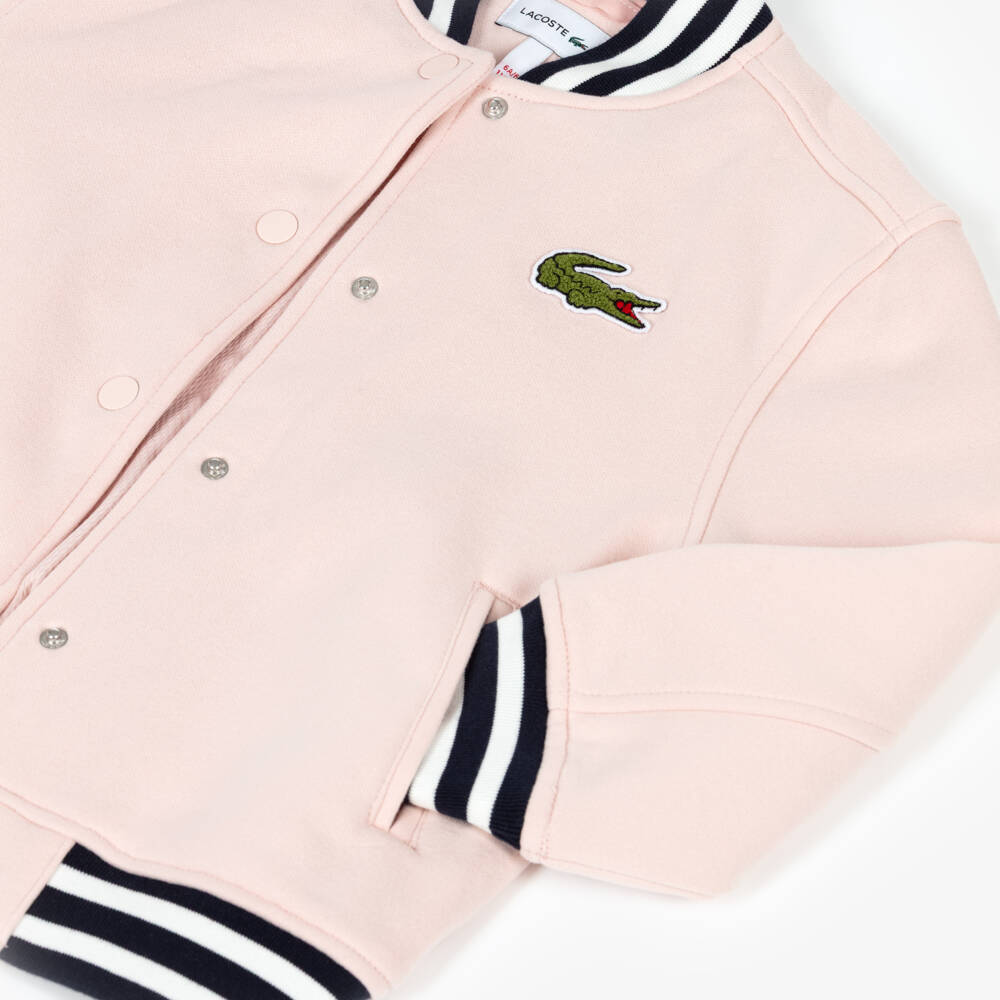 Lacoste-Girls Pink Bomber Jacket with Blue Striped Trims | Childrensalon