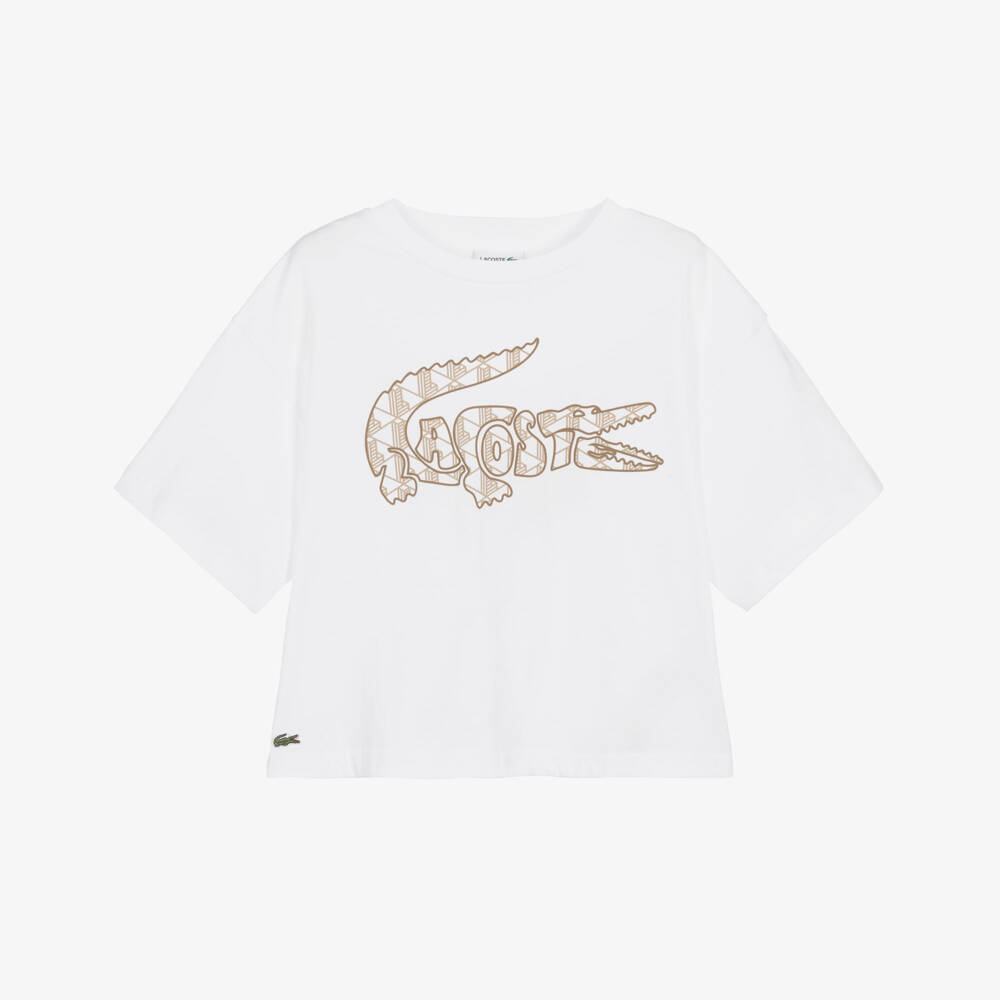 Lacoste-تيشيرت قطن بشعار التمساح لون أبيض للبنات | Childrensalon