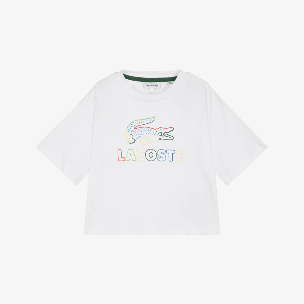 Lacoste-Girls White Cotton T-Shirt with Colourful Logo | Childrensalon