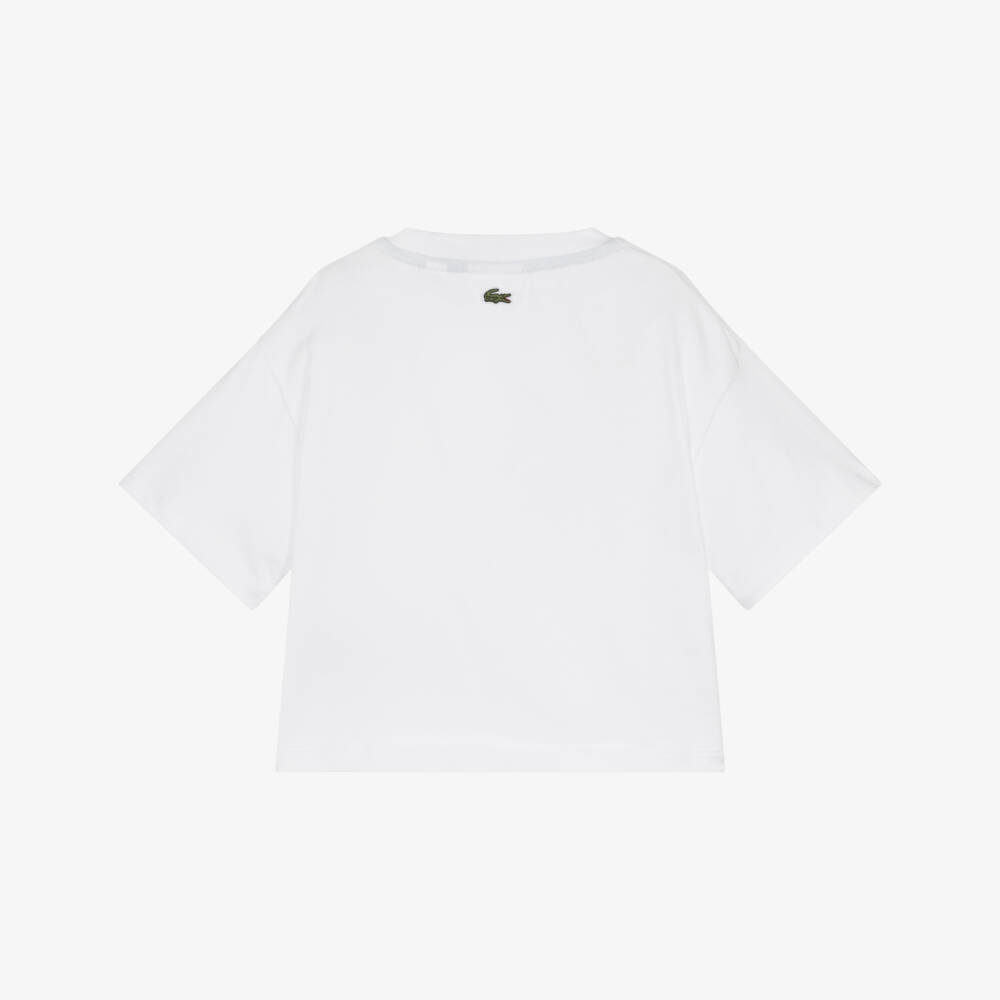 Lacoste-Girls White Cotton T-Shirt with Colourful Logo | Childrensalon