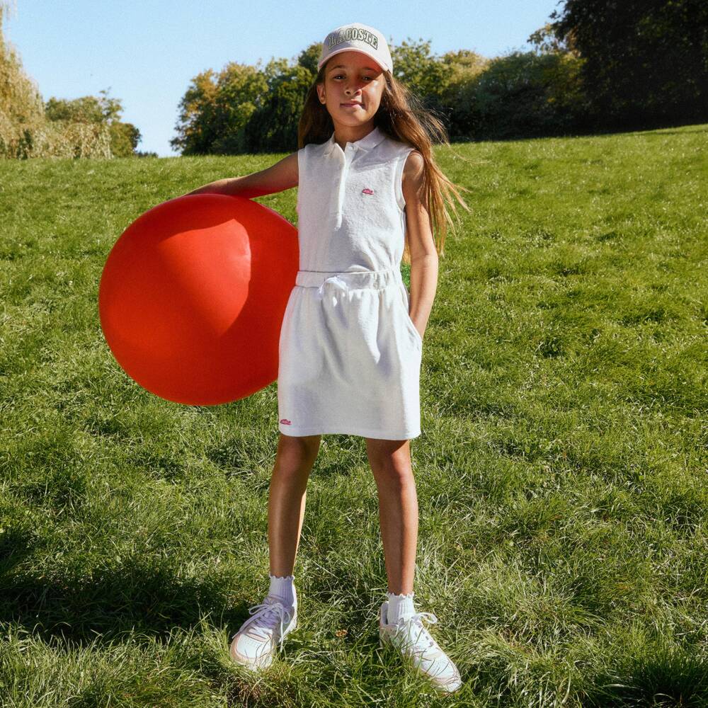 Lacoste-Girls White Towelling Skirt with Pink Crocodile Logo | Childrensalon