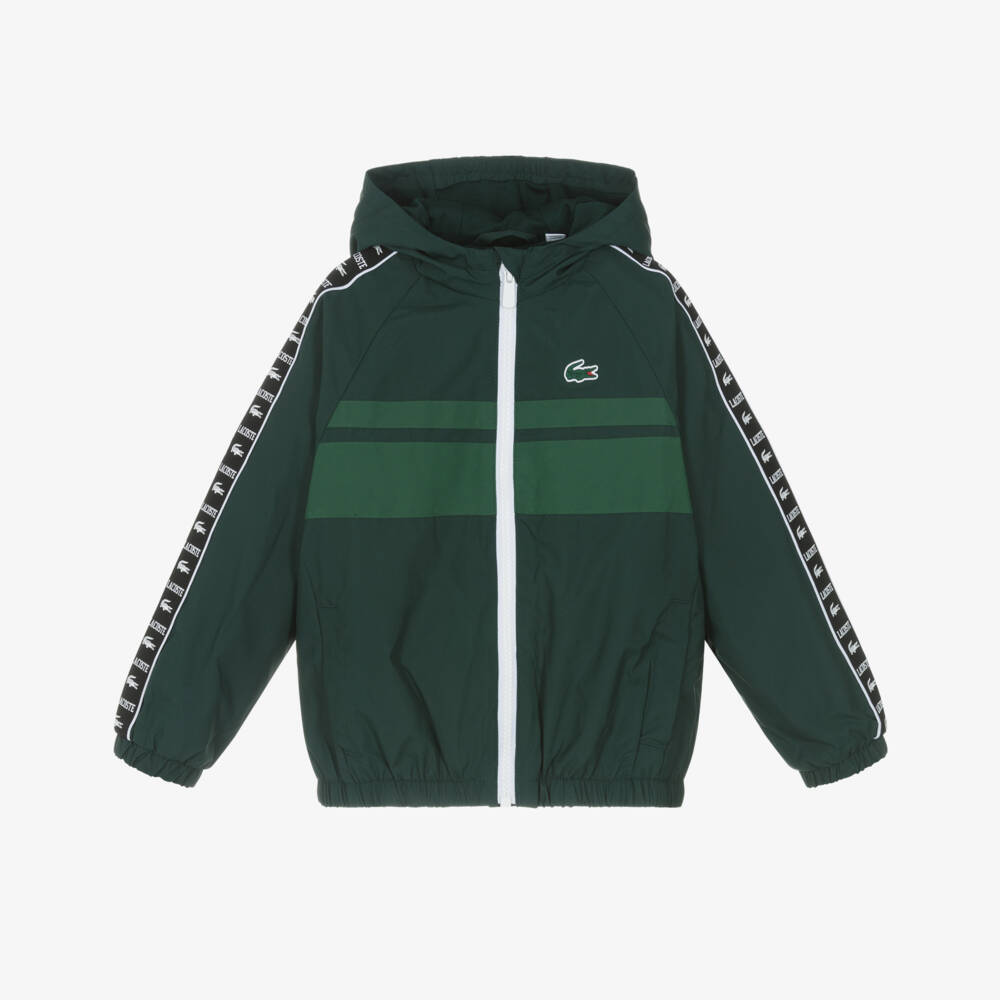 Lacoste-Lightweight Green Hooded Jacket with Logo Taping | Childrensalon