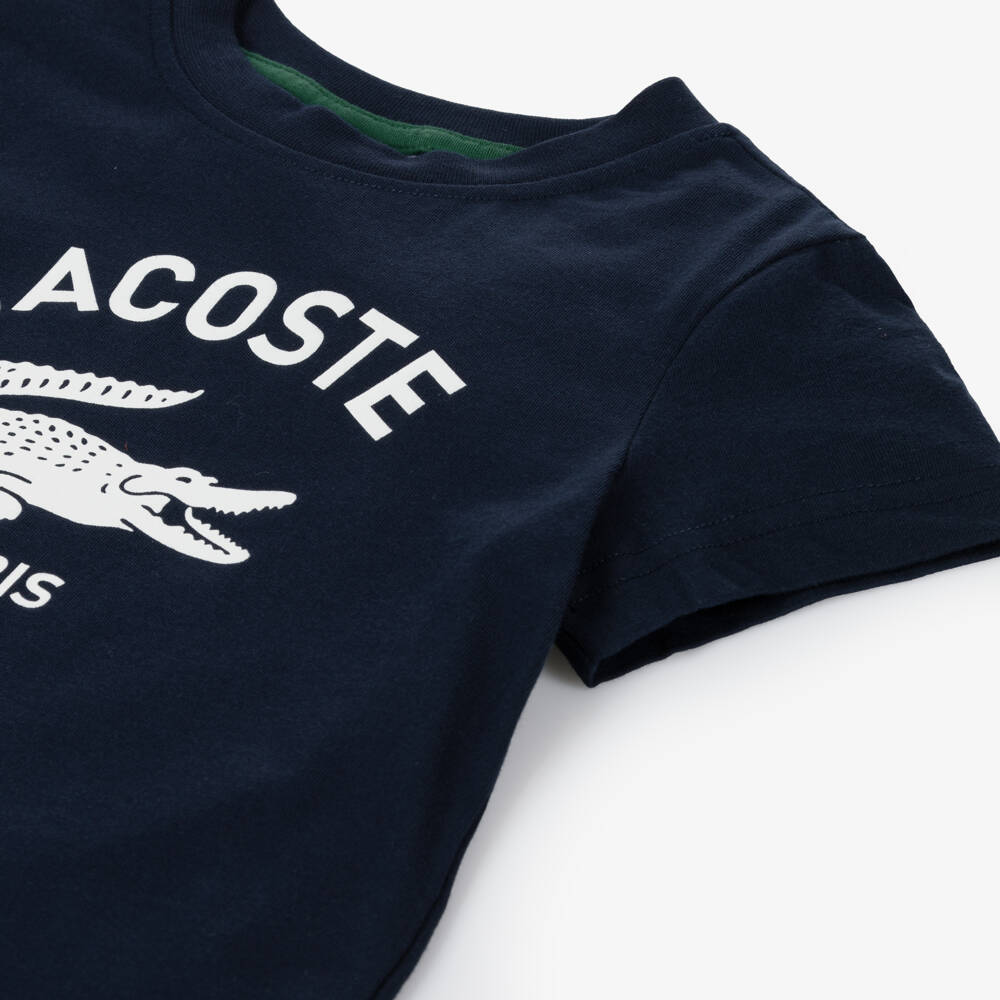 Lacoste-Navy Blue Organic Cotton T-Shirt With Crocodile Logo | Childrensalon