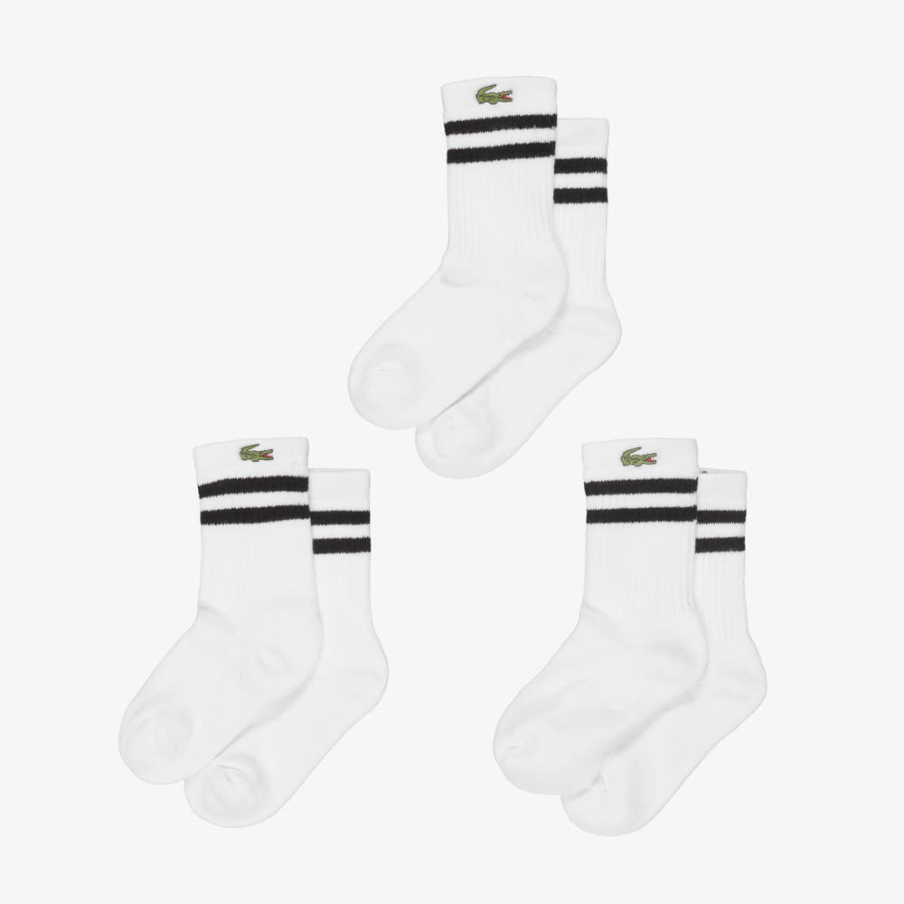 Lacoste-White Cotton Socks with Black Trim & Crocodile Logo (3 Pack) | Childrensalon