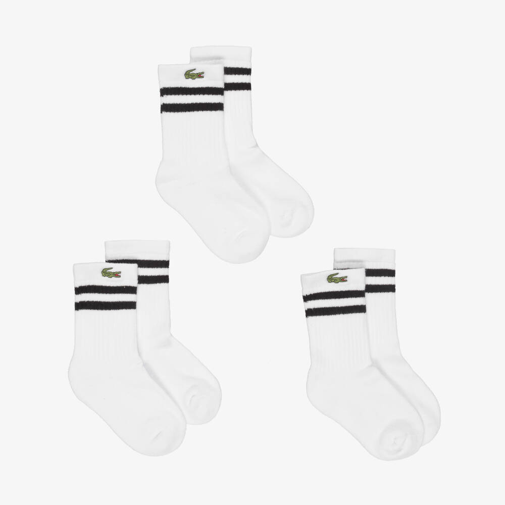 Lacoste-White Cotton Socks with Black Trim & Crocodile Logo (3 Pack) | Childrensalon