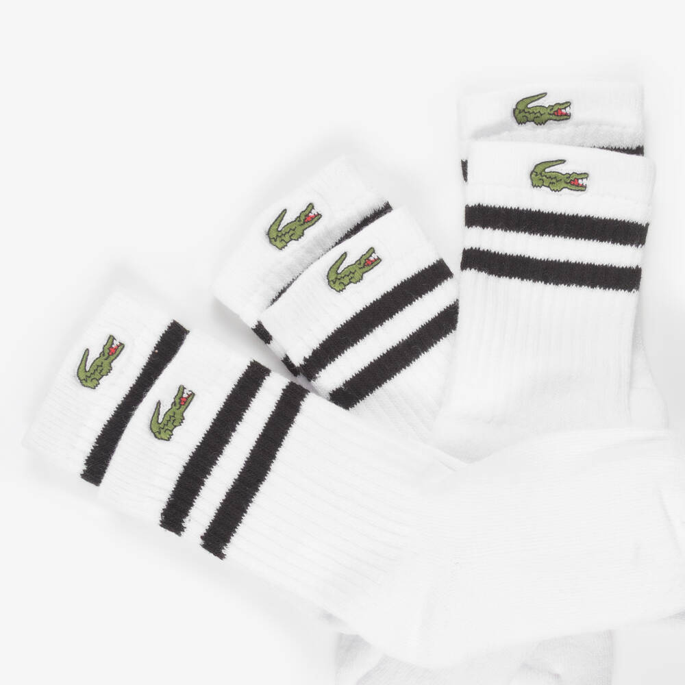 Lacoste-White Cotton Socks with Black Trim & Crocodile Logo (3 Pack) | Childrensalon