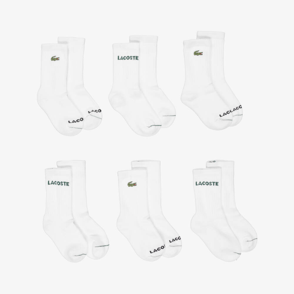 Lacoste-White Crocodile & Logo Socks (6 Pack) | Childrensalon