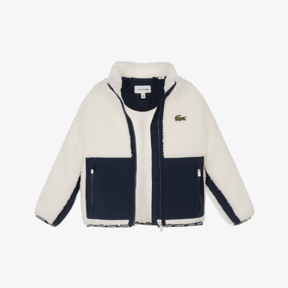Lacoste-White & Navy Blue Colourblock Sherpa Fleece Jacket | Childrensalon