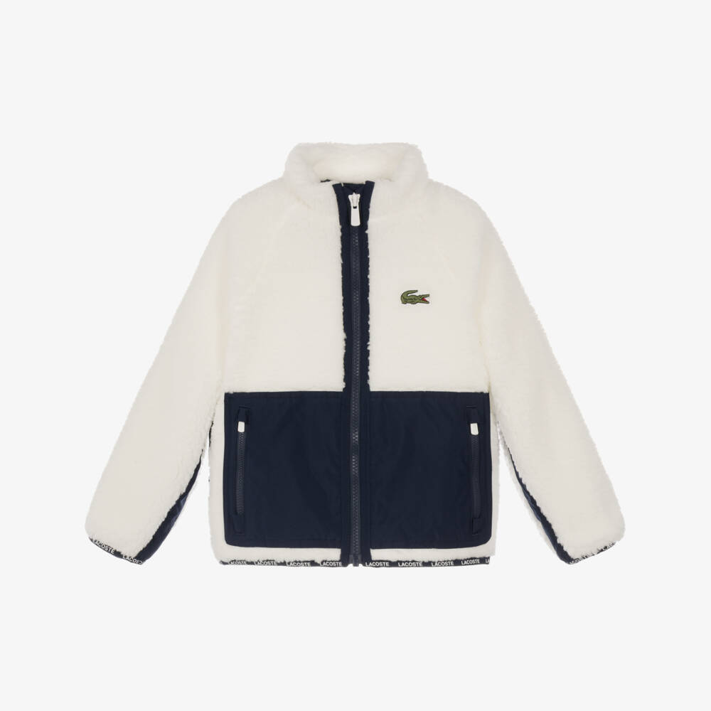 Lacoste-White & Navy Colourblock Sherpa Fleece Jacket | Childrensalon