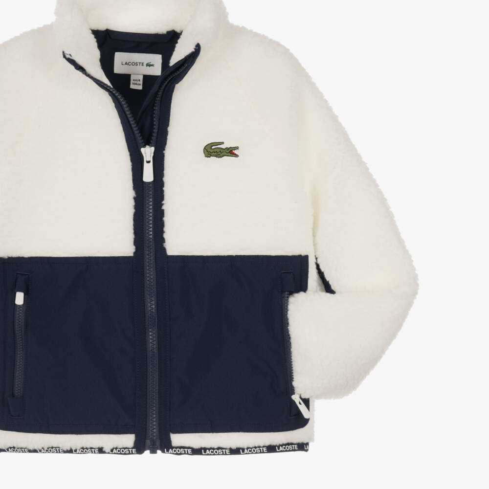 Lacoste-White & Navy Colourblock Sherpa Fleece Jacket | Childrensalon