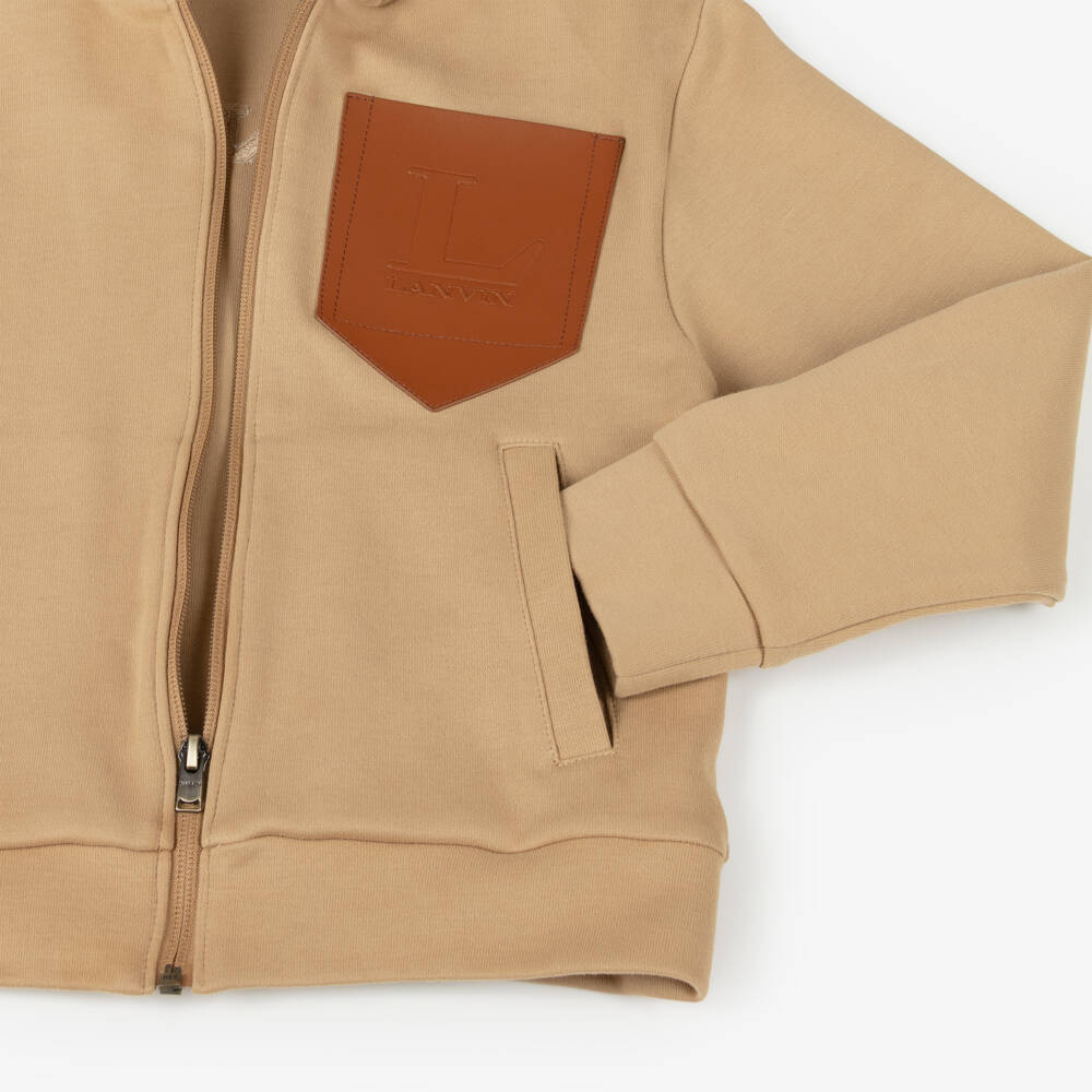 Lanvin-توب بغطاء رأس وسحاب قطن لون بيج للأولاد  | Childrensalon