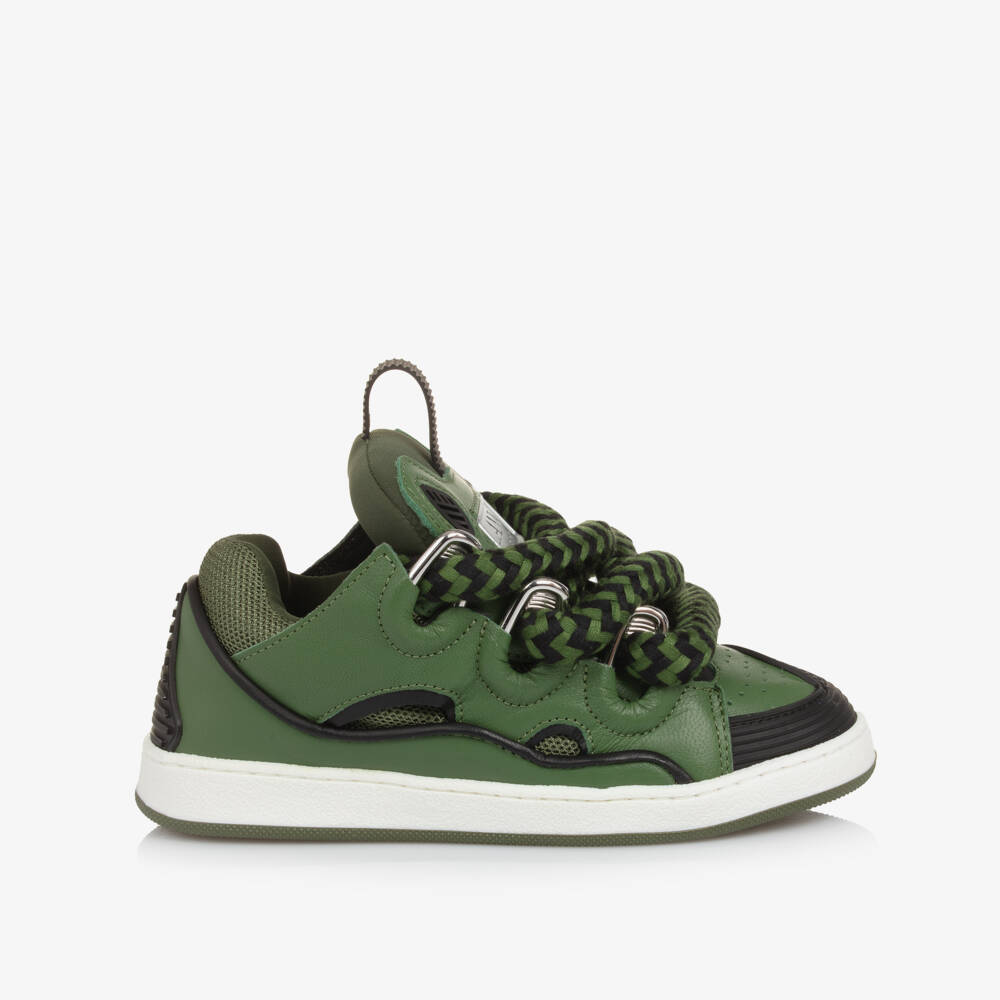Lanvin-Boys Green Leather & Mesh Curb Trainers | Childrensalon