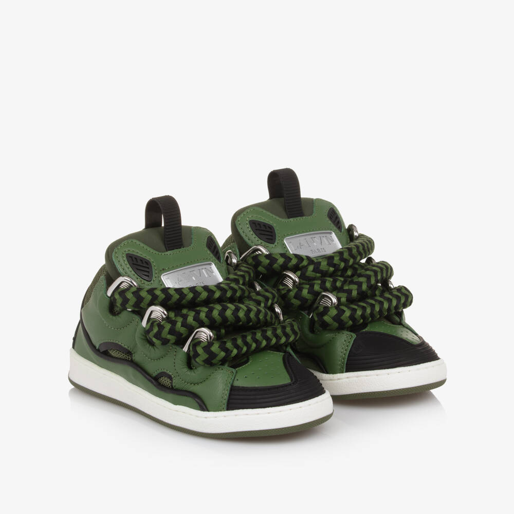 Lanvin-Boys Green Leather & Mesh Curb Trainers | Childrensalon