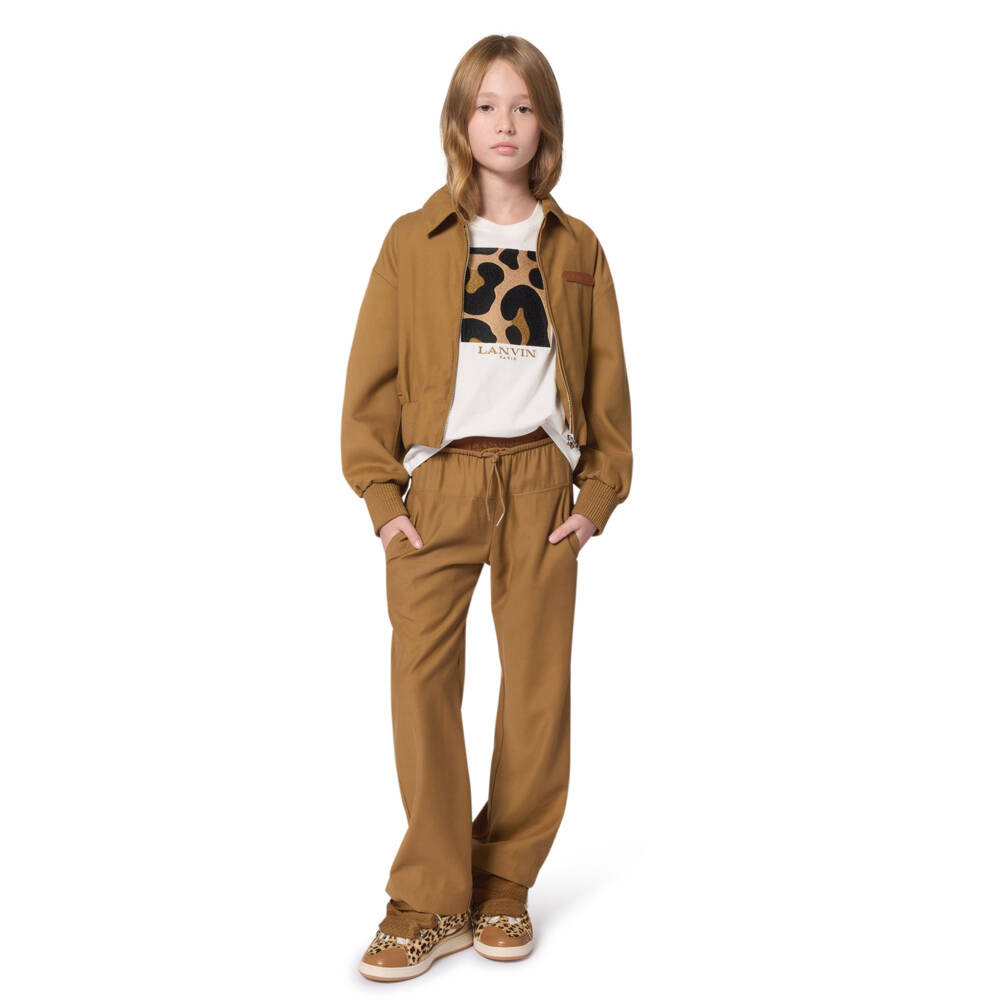 Lanvin-Girls Tan Brown Double-Waisted Trousers | Childrensalon