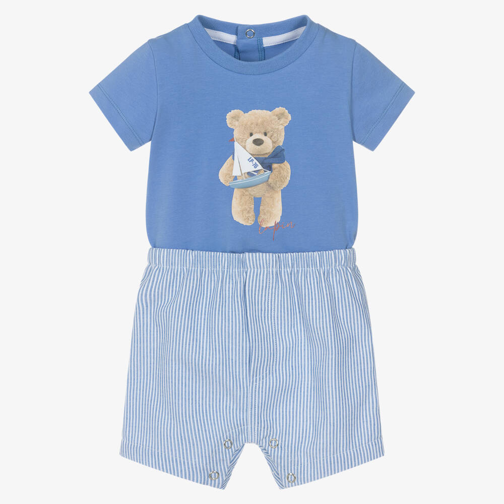 Lapin House-Baby Boys Blue Bear T-Shirt & Striped Shorts Set | Childrensalon