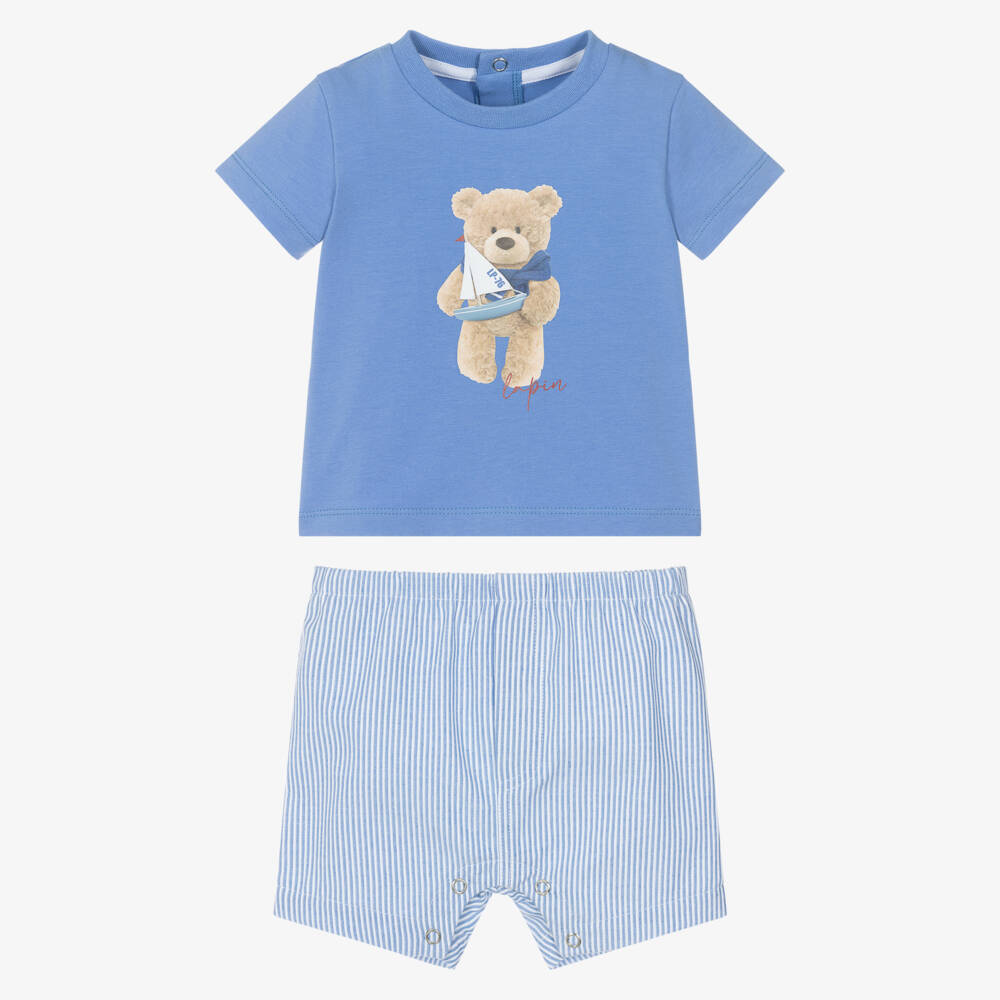 Lapin House-Baby Boys Blue Bear T-Shirt & Striped Shorts Set | Childrensalon
