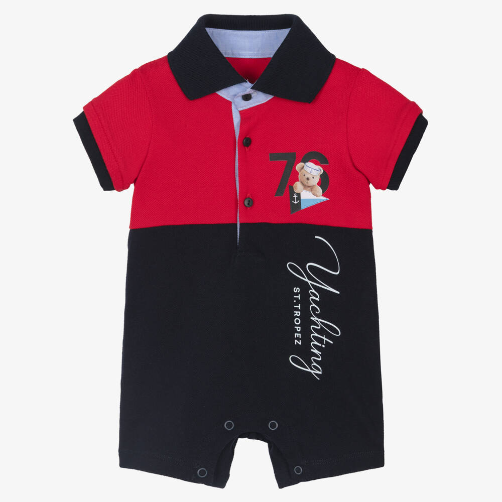Lapin House-Baby Boys Red & Blue Cotton Polo Shortie with Sailor Bear | Childrensalon