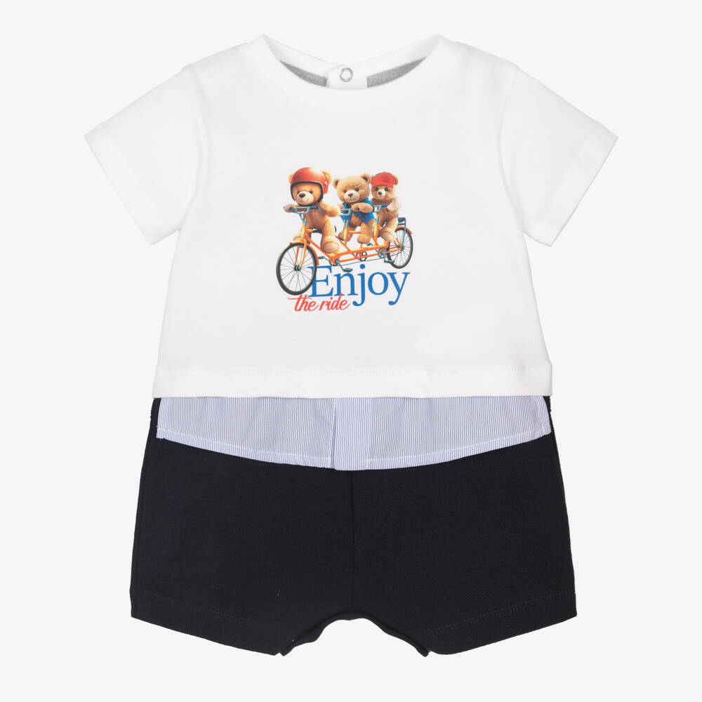Lapin House-Baby Boys White & Blue Cotton Shortie with Teddy Bear Print | Childrensalon