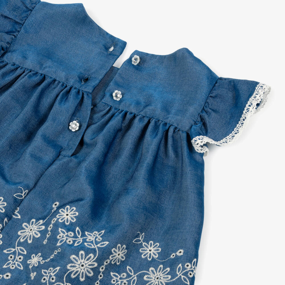 Lapin House-Baby Girls Blue Chambray Embroidered Dress | Childrensalon
