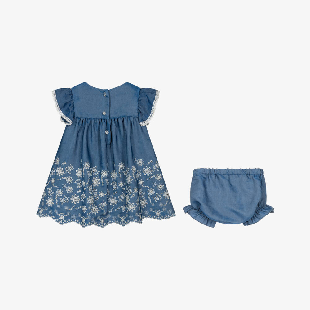 Lapin House-Baby Girls Blue Chambray Embroidered Dress | Childrensalon