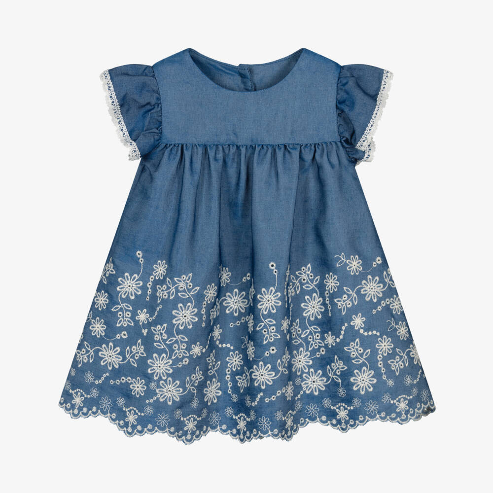 Lapin House-Baby Girls Blue Chambray Embroidered Dress | Childrensalon