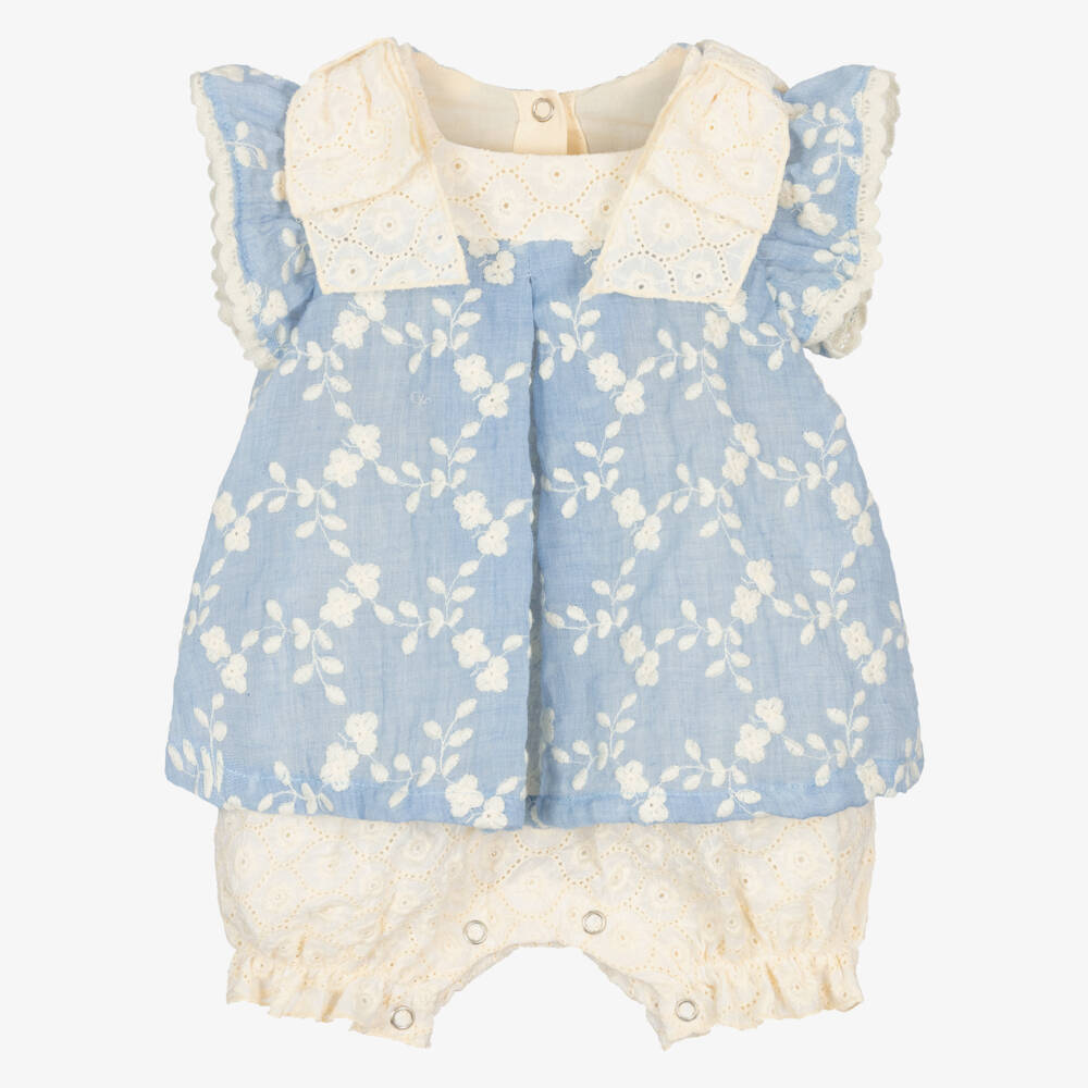 Lapin House-Baby Girls Blue & Ivory Shortie with Broderie Anglaise | Childrensalon