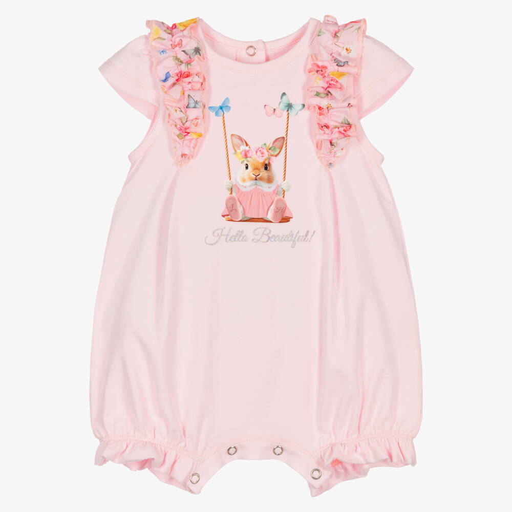 Lapin House-Baby Girls Pale Pink Cotton Jersey Shortie with Bunny Print | Childrensalon
